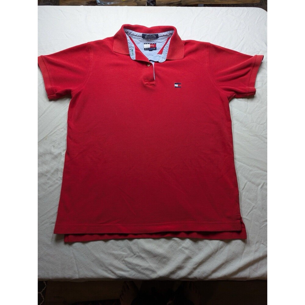 Vintage Tommy Hilfiger Polo Shirt Mens M Red 100% Cotton Flag Logo 90s